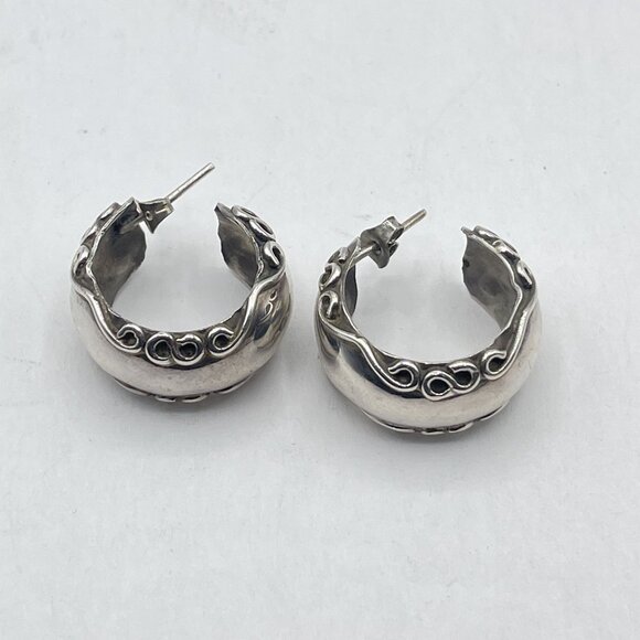 Vintage Sterling Silver Half Hoop Earrings With Intricate Swirl Design - Picture 8 of 8